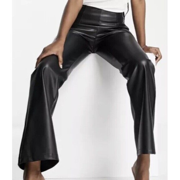 Asos Design Curve black stretch Faux leather look flare pants Matrix Goth Sz 16 - Picture 2 of 16